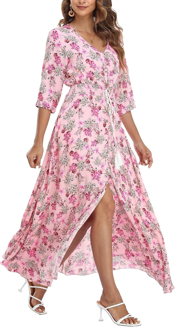 VOGMATE Damen Lange Split Knopf Up Sommer Maxikleid Floral Strandwear Holidy Kleid Hohe Taille mit k