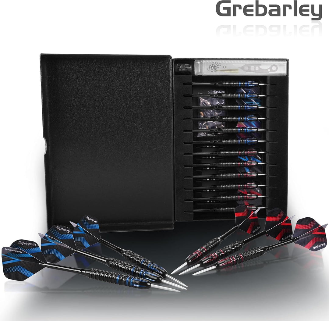 Grebarley Dartpfeile mit Metallspitze,12 Stück Profi Steeldarts 18 Aluminium Schaft mit 9 Flights 20