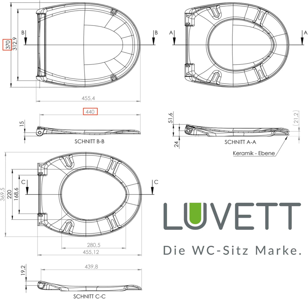 LUVETT® Toilettendeckel mit Absenkautomatik C770 oval, WC-Sitz mit 3 Befestigungsvarianten zur Wahl,