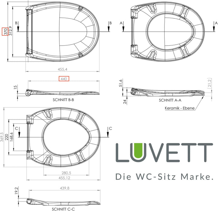 LUVETT® Toilettendeckel mit Absenkautomatik C770 oval, WC-Sitz mit 3 Befestigungsvarianten zur Wahl,
