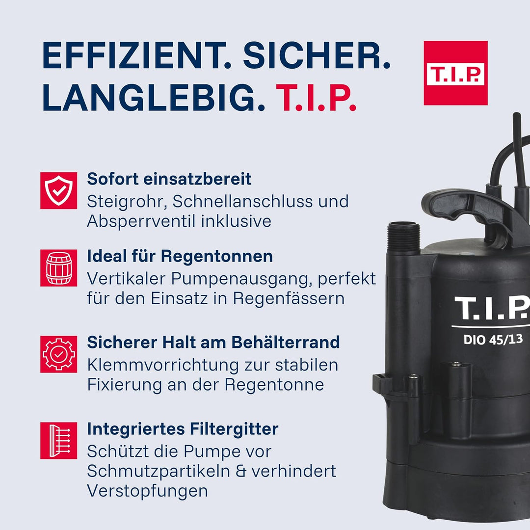 T.I.P. Tauchpumpe - Regenfasspumpe (2.700 l/h Fördermenge, mit Durchflussmengenregler, 13 m Förderhö