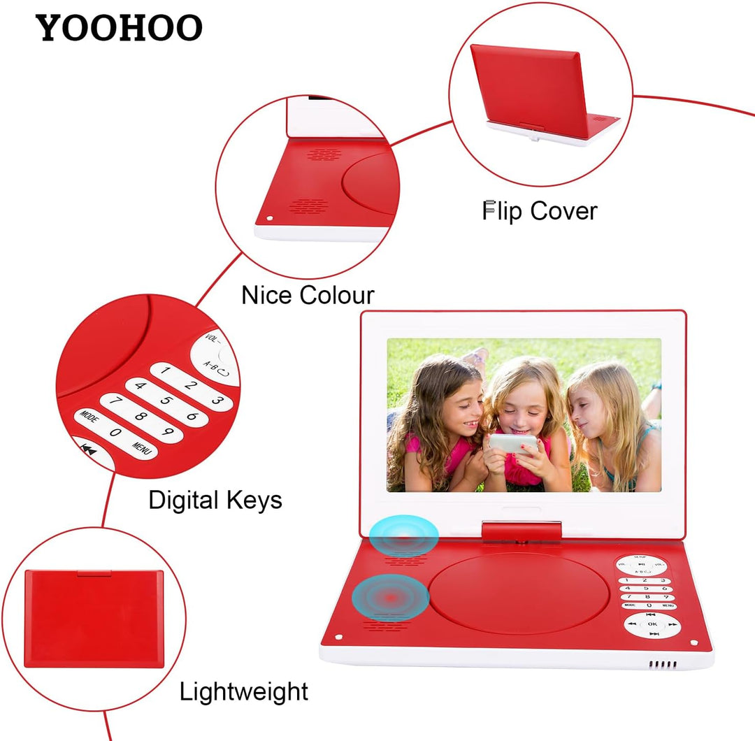 YOOHOO Tragbarer DVD-Player mit Fernbedienung, 26,7 cm (10,5 Zoll), 270° drehbarer Bildschirm, mit 7
