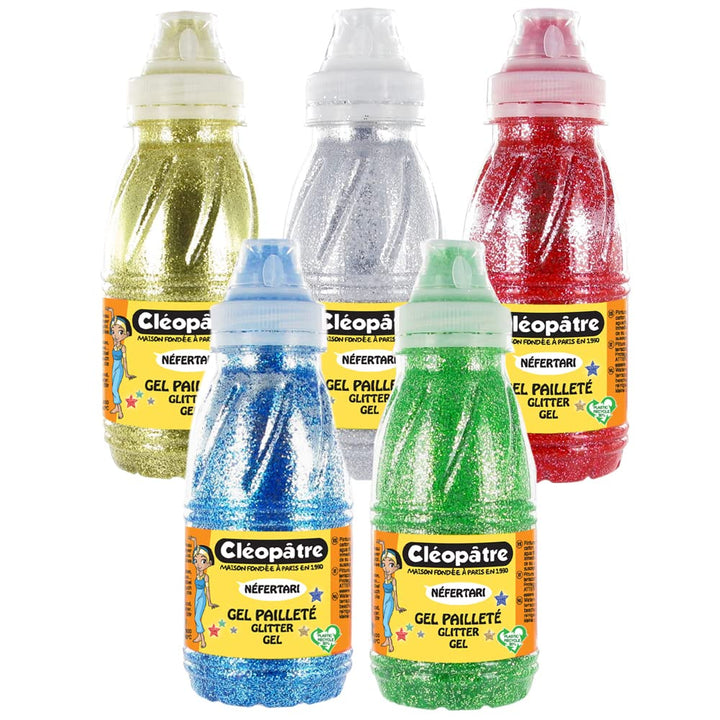 Cléopâtre – GP250X5A – GLITTER-GEL-Set, transparentes Gel mit bunte Glitter, 5 x 250 ml