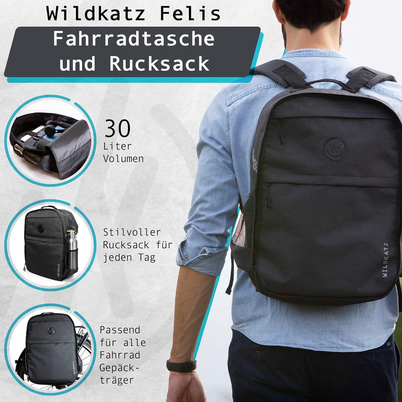 Wildkatz Felis - Fahrradtasche und Rucksack 30 Liter - inklusive wasserdichtem Regencape - Gepäckträ