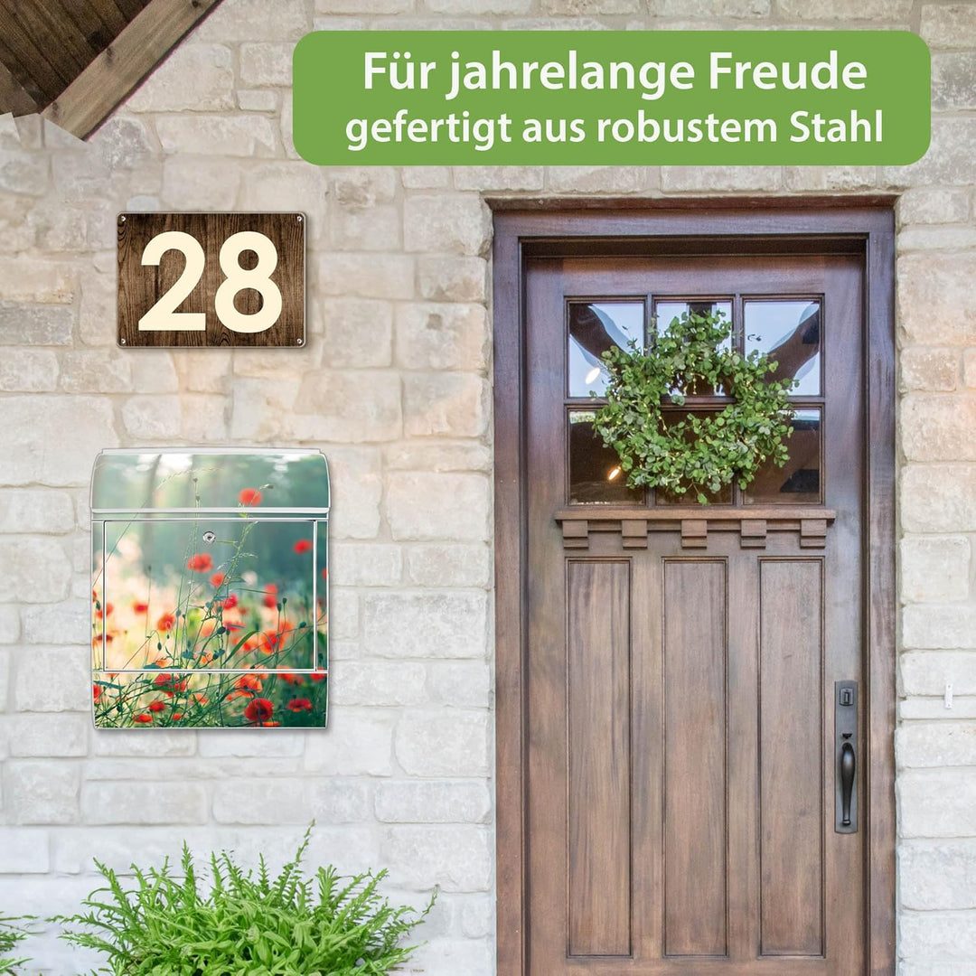 banjado® Design Briefkasten mit Motiv Waldmohn 39x47x14cm &amp; 2 Schlüssel - Briefkasten Stahl weiss mi