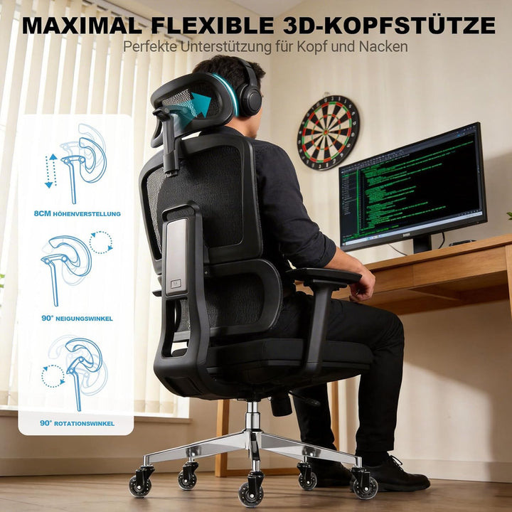 Bürostuhl Ergonomisch 200KG | 6P Verstellbare Rückenlehne | 4D-Armlehnen | Leises Gummirollen | Sitz