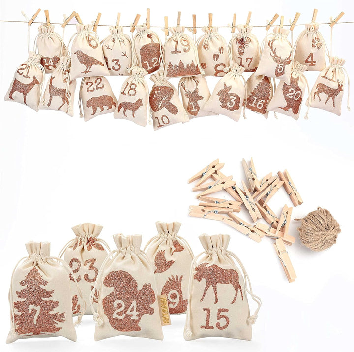 Papierdrachen 24 Adventskalender Stoffsäckchen zum Befüllen - mit Glitzerdruck - Stoffbeutel zum sel