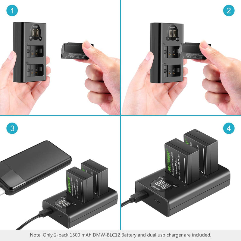 Neewer 2er Pack 1500mAh Ersatzakku für Panasonic DMW-BLC12 und zwei USB Ladegeräte mit LCD Bildschir