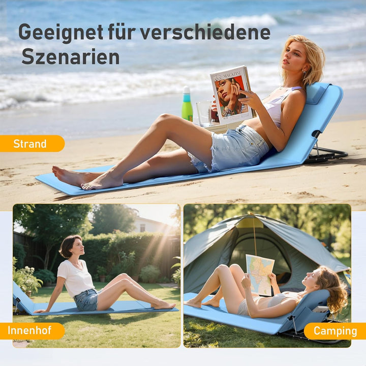WildFun 2er Set Strandmatte Klappbar mit Rückenlehne 165cm, 5-Stufige Höhe Strandliege Klappbar Leic