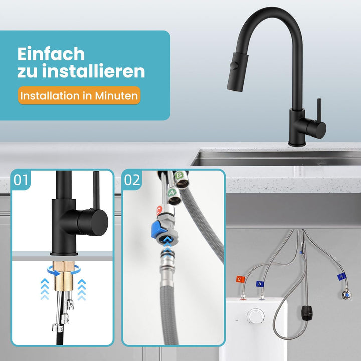 Niederdruck Armatur Küche Ausziehbar Schwarz,360° Drehbare Küchenarmatur,Wasserhahn mit 3 Anschluess