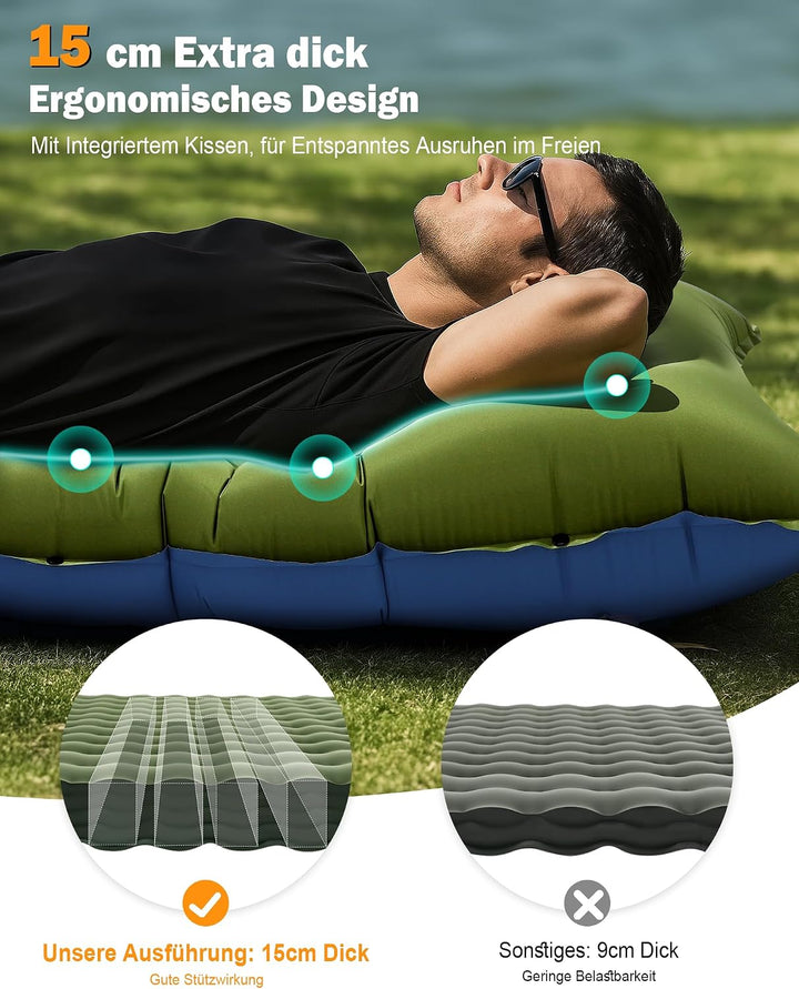 JasGood Isomatte Camping 15CM Ultraleicht Camping Luftmatratze mit Kissen und Fusspumpe Aufblasbare