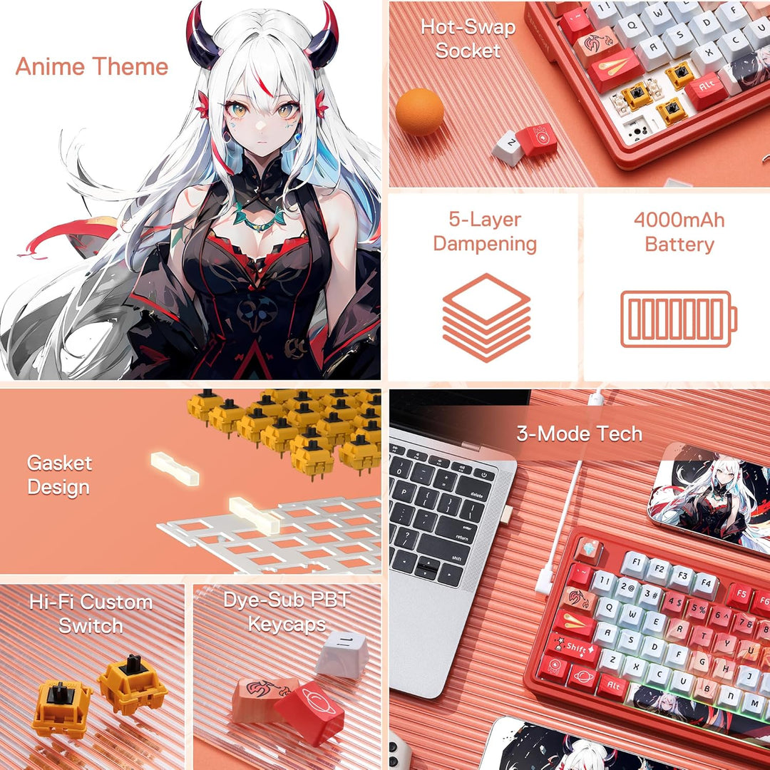 Redragon K673 PRO SE 75% 81 Tasten Kabellose Gasket RGB-Gaming-Tastatur, 3-Modus-Anime-mechanische T