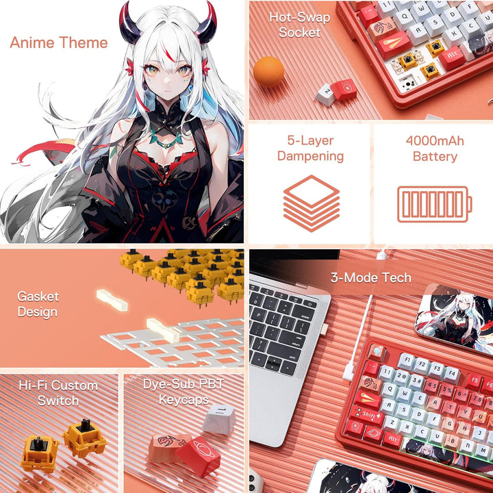 Redragon K673 PRO SE 75% 81 Tasten Kabellose Gasket RGB-Gaming-Tastatur, 3-Modus-Anime-mechanische T