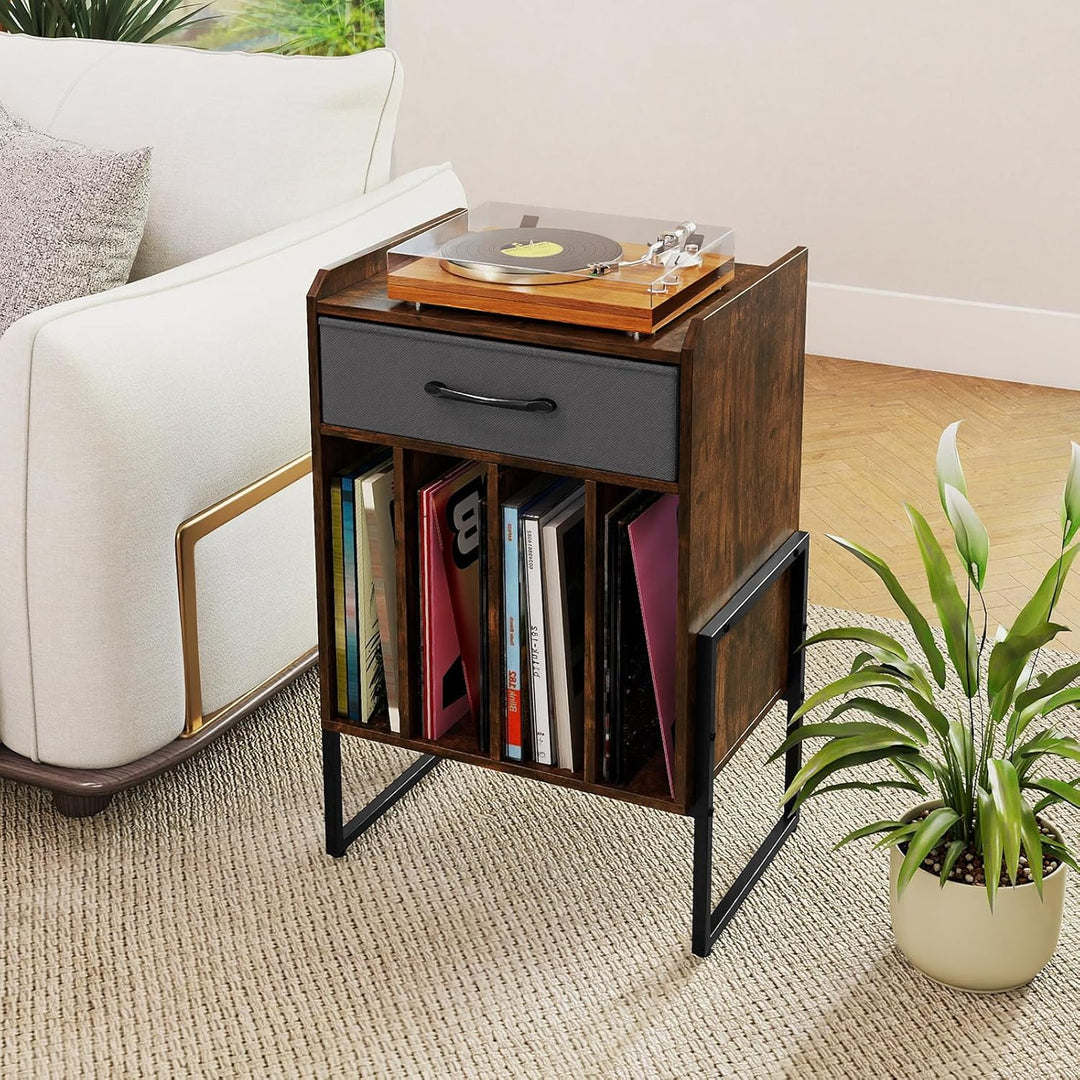 COSTWAY Plattenspieler Ständer, Schallplatten Regal mit Faltbarer Stoffschublade &amp; 4 Fächern bis zu