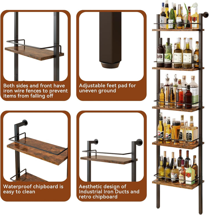YMYNY 5-Tier freistehende Weinregale, Liquor Flasche Display Regal mit Zäunen, Wand montierte schwim