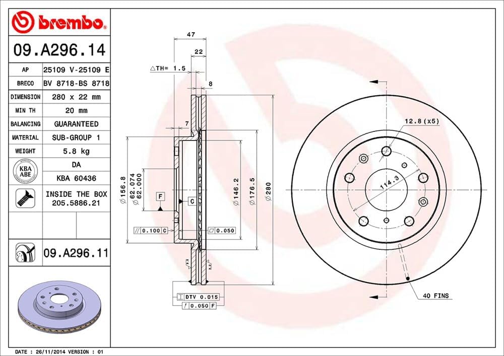Brembo 09.A296.11 - Vordere Bremsscheibe mit UV-Lackierung