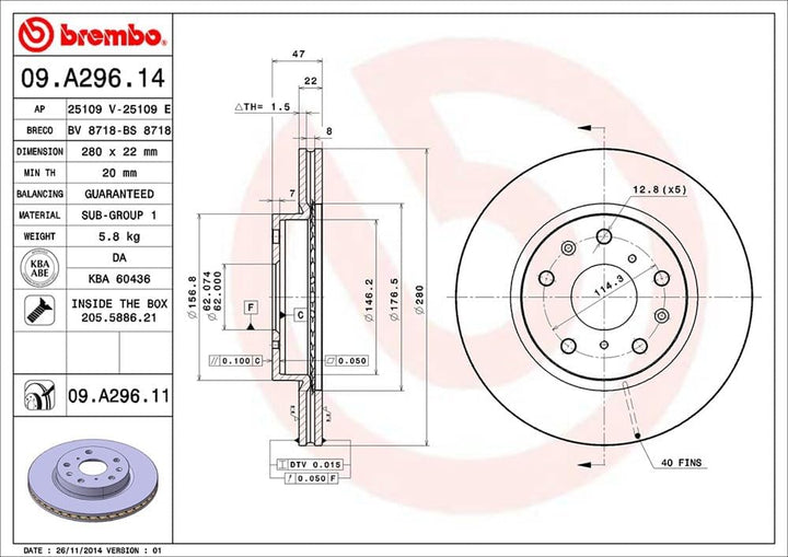 Brembo 09.A296.11 - Vordere Bremsscheibe mit UV-Lackierung