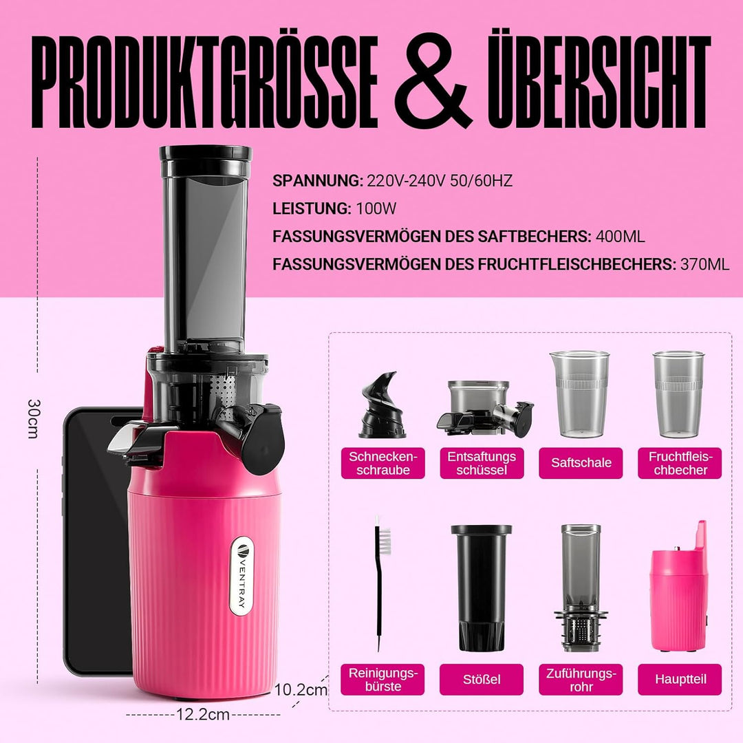 Ventray Ginnie Entsafter | Slow Juicer mit 60 U/min | 45mm Öffnung | Rückwärts Funktion und Zwei Fil