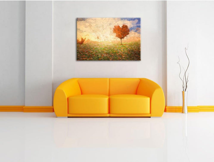 Pixxprint Herzbaum auf Wiese Pinsel Effekt, Format: 100x70 auf Leinwand, 100x70