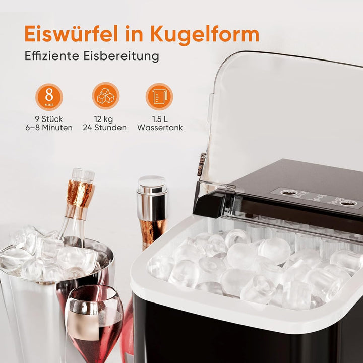Sweetcrispy Eiswürfelmaschine mit Tragegriff, Selbstreinigend, 9 Eiswürfel in 6 Minuten, 12 kg Eis i