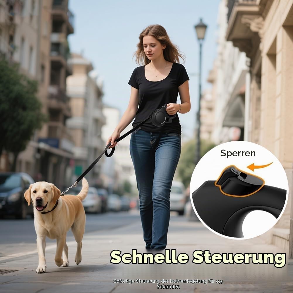 Einziehbare Hundeleine 8m, 360° Anti Verwicklungs Design, Rollleine mit Beissschutz und Kotbeutelspe