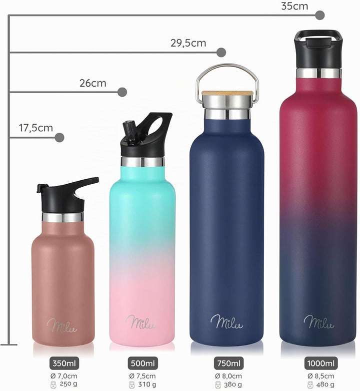 Milu Edelstahl Trinkflasche 350ml 500ml 750ml 1000ml (+3 Deckel) - Thermosflasche mit Strohhalm, Iso