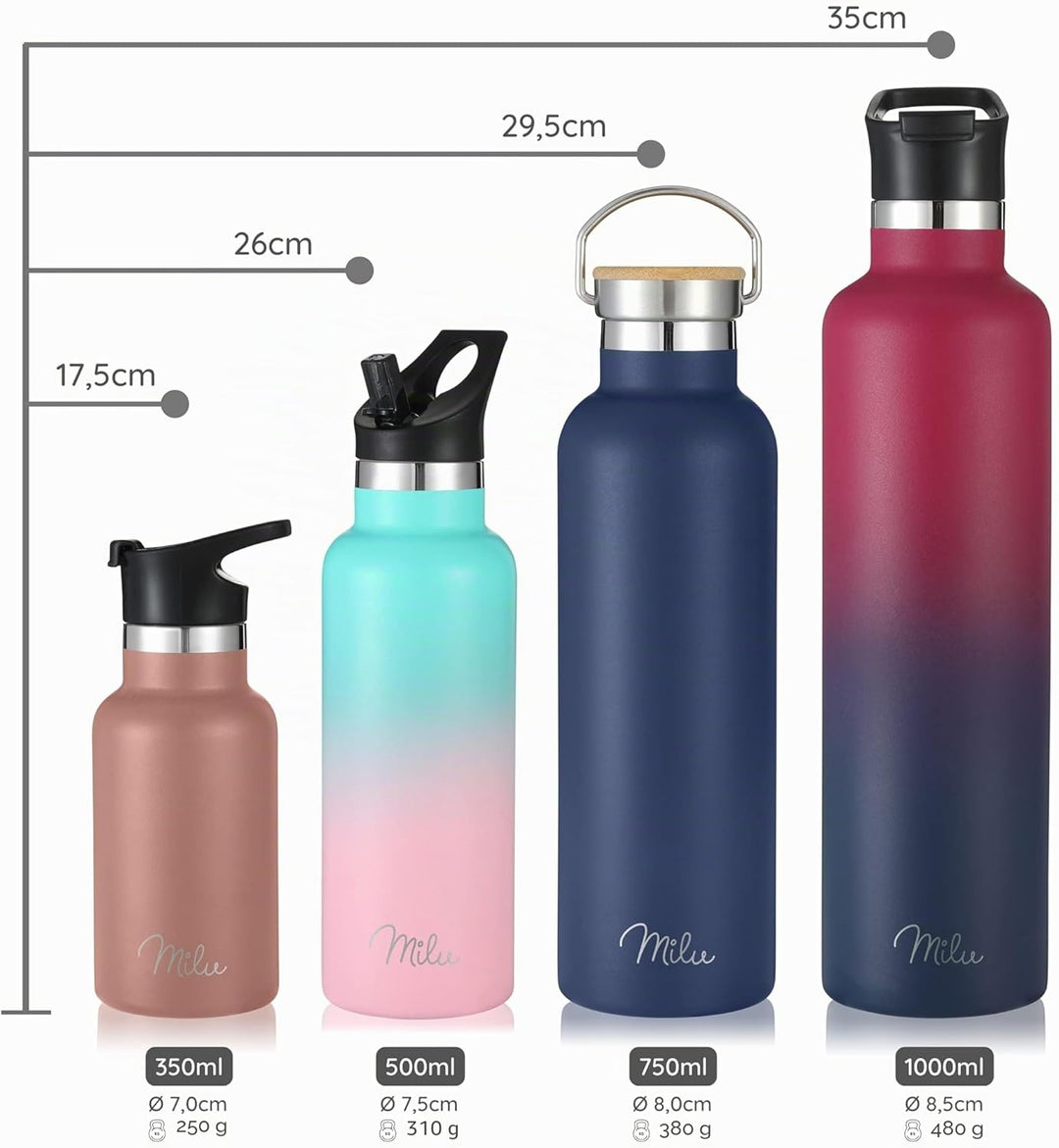 Milu Edelstahl Trinkflasche 350ml 500ml 750ml 1000ml (+3 Deckel) - Thermosflasche mit Strohhalm, Iso