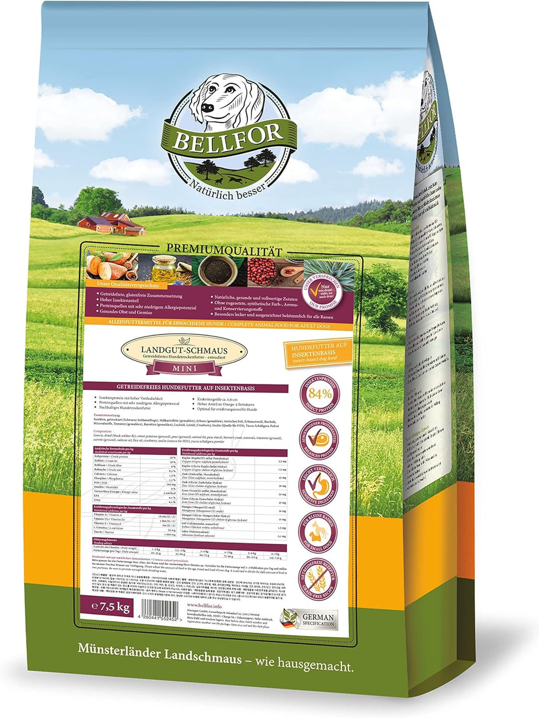 Bellfor Landgut-Schmaus Mini Hypoallergenes Getreidefreies Trockenfutter mit Insektenprotein 7,5 kg