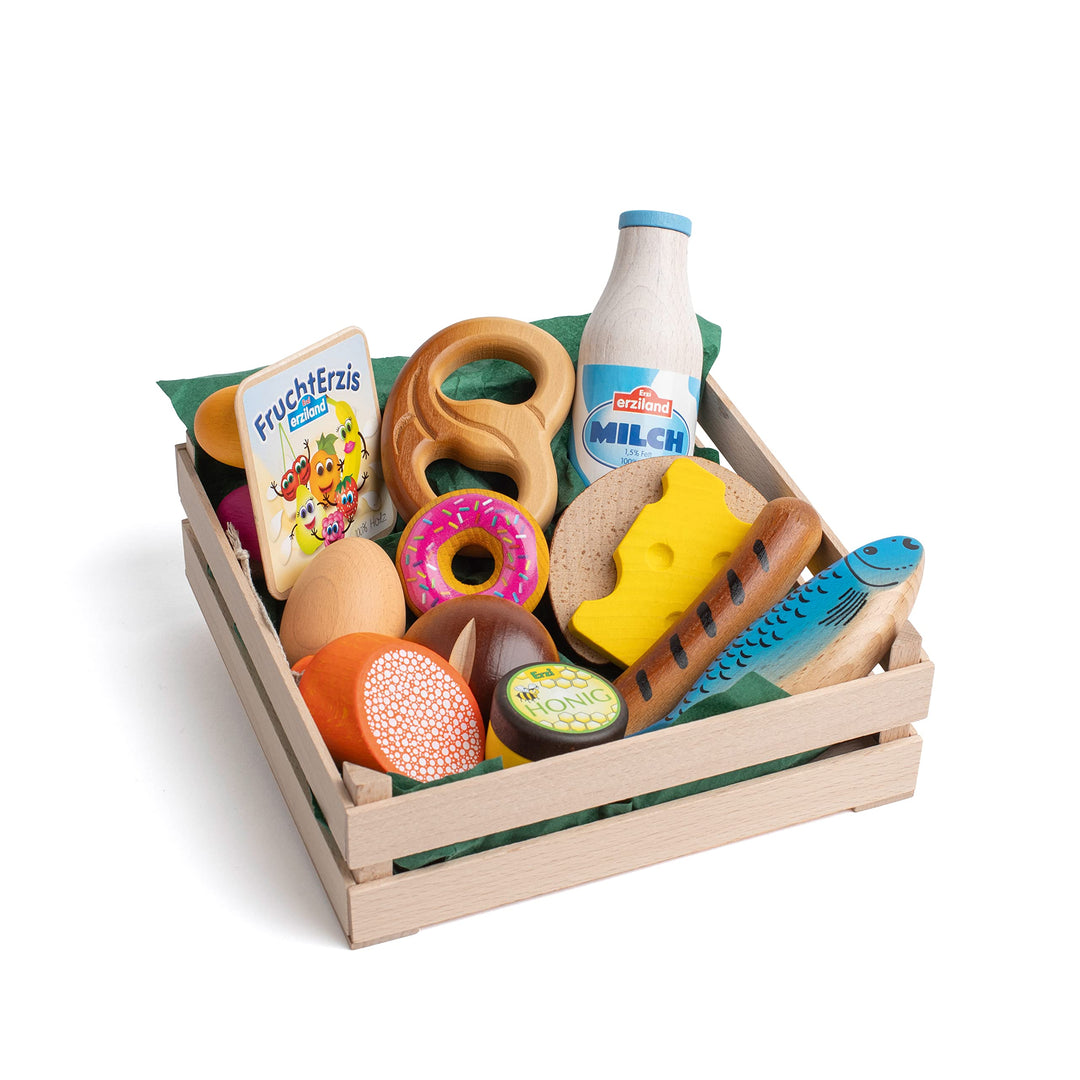 Erzi 28220 Sortiment Snacks XL aus Holz, Kaufladenartikel für Kinder, Rollenspiele