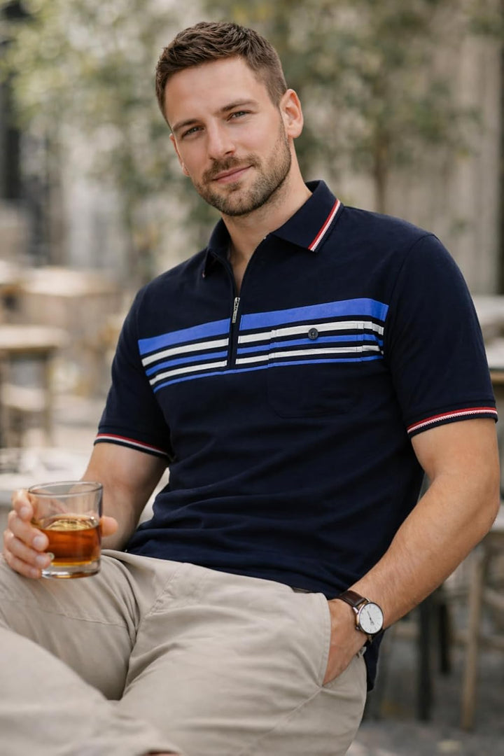 Soltice Herren Kurzarm Poloshirt, Polohemd Kragen, Gestreifte Blousonshirt mit Brusttasche aus Baumw