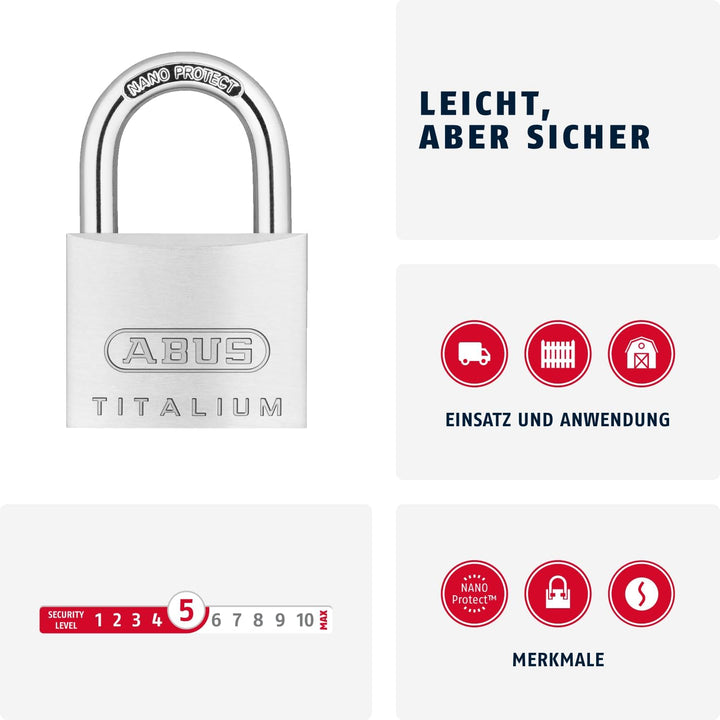 ABUS Vorhängeschloss Titalium 64TI/40 - 4er Set, gleichschliessend - Kellerschloss mit Schlosskörper
