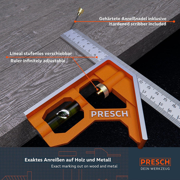 Presch Kombinationswinkel Set 150mm & 300mm - metrisch - Zwei Präzise Universal Kombiwinkel mit Line