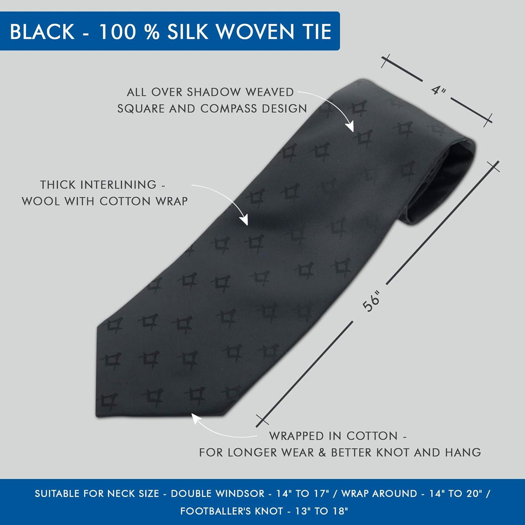 THE MASONIC COLLECTION - Schwarze Freimaurer-Krawatte und Manschettenknöpfe – 100 % Polygewebt mit Q