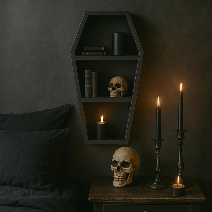 Sargregal aus Holz, Gothic-Dekoration, Hexenregal, Oddities Hängeregal, Sarg Make-up Regal. Gothic-D