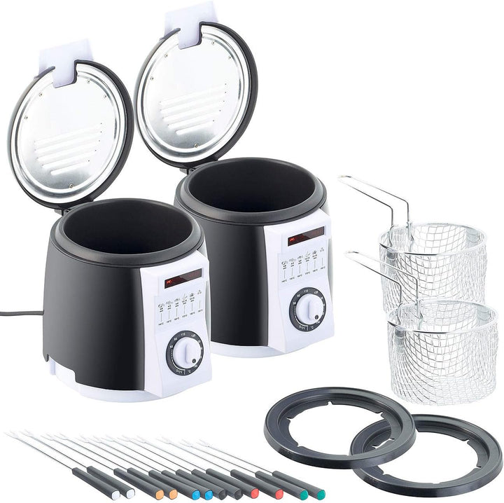 Rosenstein & Söhne Minifritteuse: 2er-Set kompakte Tisch-Fritteusen mit Fondue-Set, 0,9 Liter, 840 W