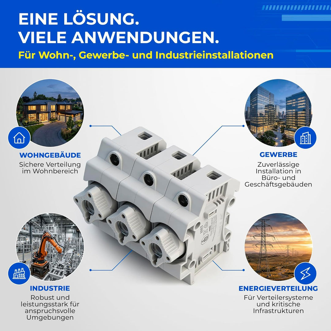 grenda-hammer® | Neozed Sicherungssockel mit Schraubkappen und 3x Schmelzsicherungen (D02-3x63 Ampèr