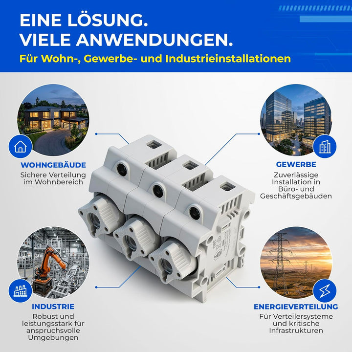 grenda-hammer® | Neozed Sicherungssockel mit Schraubkappen und 3x Schmelzsicherungen (D02-3x63 Ampèr