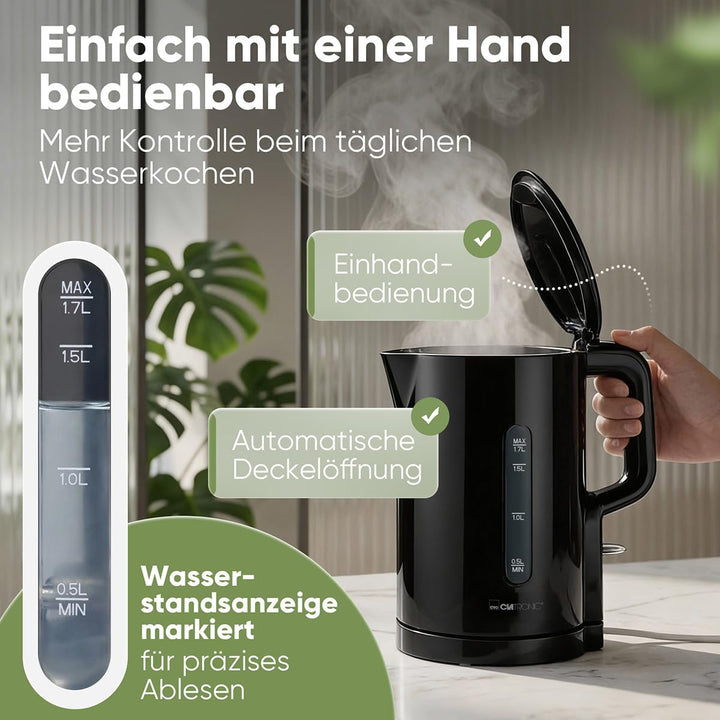 Clatronic® Wasserkocher 1,7L | 2200W für schnelles Erhitzen | BPA frei | Einhandbedienung | Wasserst