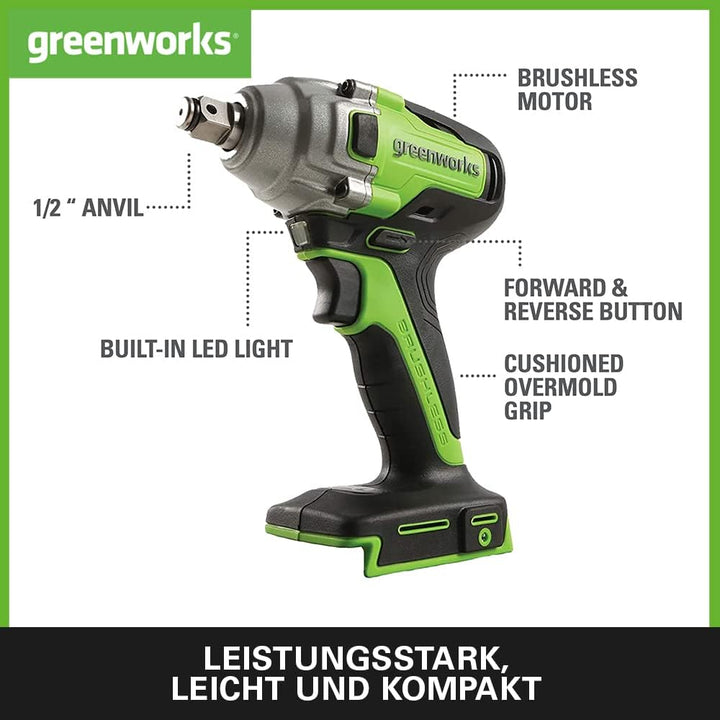 Greenworks Tools Akku-Schlagschrauber (Li-Ion 24V 400 Nm Drehmoment 2800 Umdrehungen/Min 1/2 Zoll-St