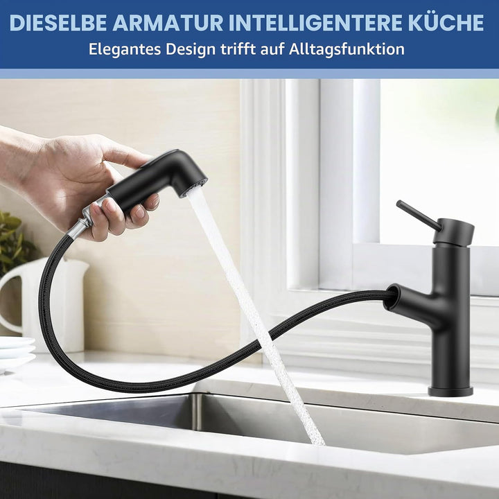 HURRAN Ausziehbare Wasserhahn Bad, Einhebelmischer für Waschbecken, Niedrig Waschtischarmatur mit 2