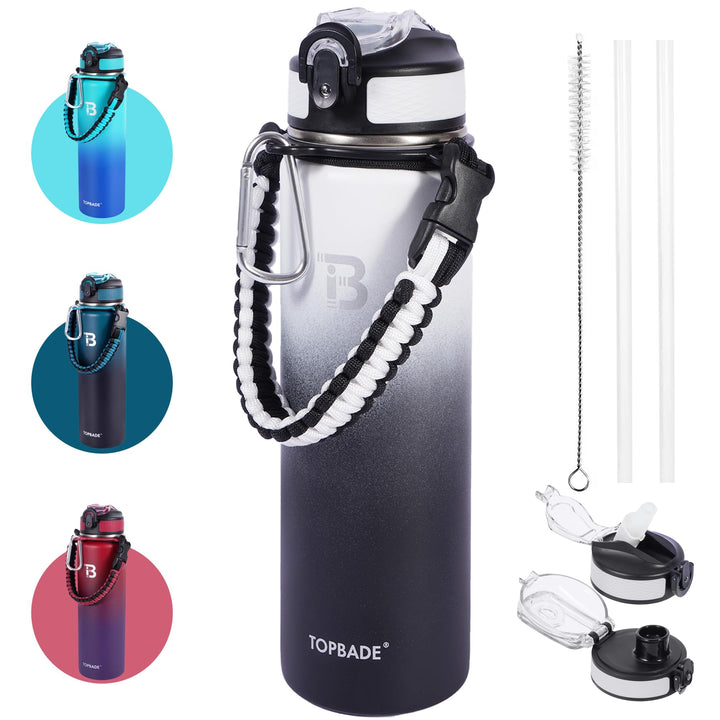 TOPBADE 700ml Edelstahl Trinkflasche Sport mit 2 Deckel (Strohhalm/no Strohhalm), 0.7L BPA-Frei Ausl