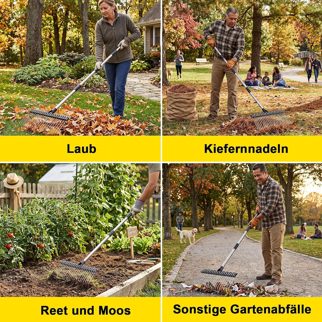 Rechen Garten mit Verstellbarem Stiel Breiter Gartenrechen mit 22 Federstahlzinken für Rasen, Laub &amp;