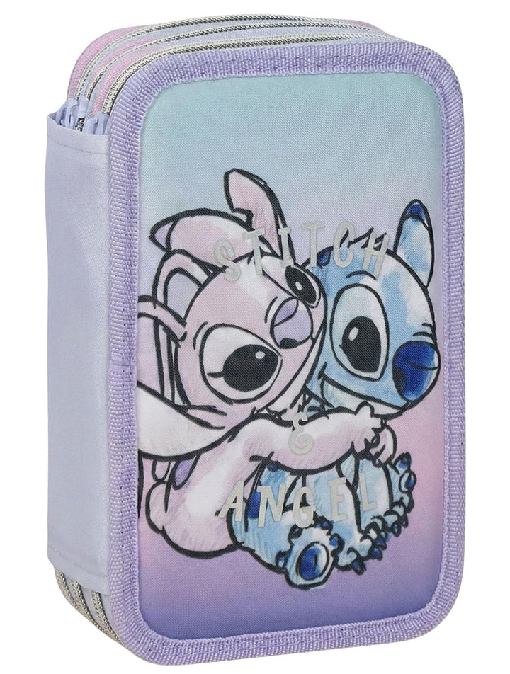 Federmäppchen 3-Fach – 44-teilig gefüllt – für Stitch und Angel Fan – mit Filzstiften, Buntstiften,