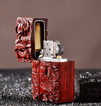 Generic Natural Huanghuali Rosewood Carving Lichter Outer Case for Zippo Module Guan Gong Yu Warrior