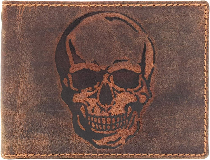 echt Leder Biker Geldbörse quer Hunterleder Portemonnaie Totenkopf Schädel Skull mit 50cm Kette & RF