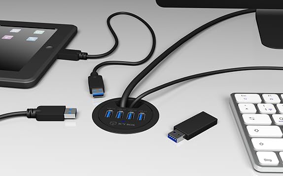 ICY BOX IB-Hub1403 USB-Tisch-Hub (60 mm) zum Einbau, 4x USB 3.0 Anschlüsse, Kabeldurchführung, 5 V S