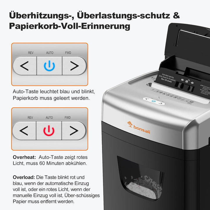 Bonsaii 120 Blatt Aktenvernichter mit Automatischem Einzug, P-4 Partikelschnitt, Extrem Leise mit 62