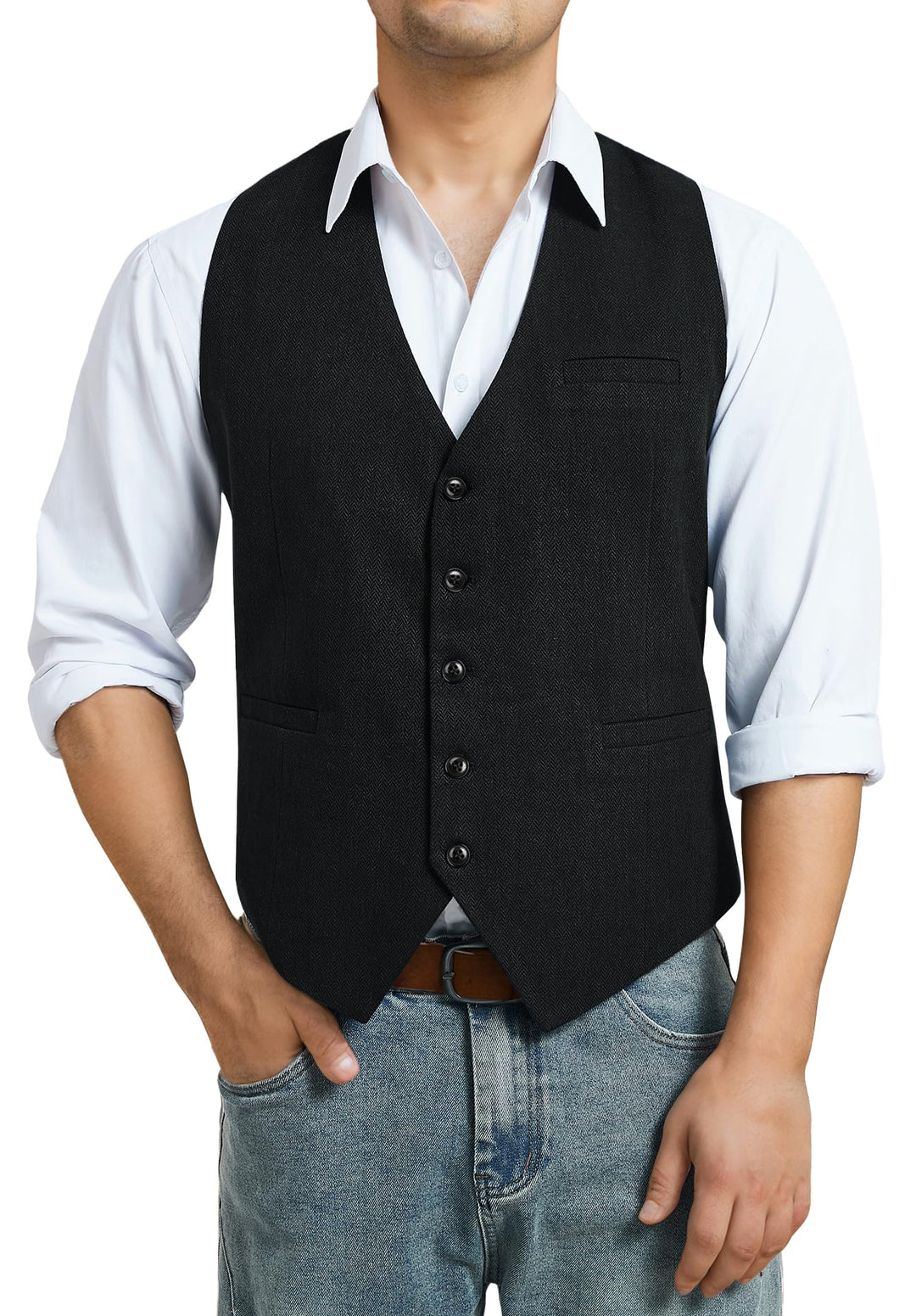 HISDERN Herren Anzugweste Herringbone Weste Hochzeit Herrenweste Formale Tweed Wollweste Classic Bas