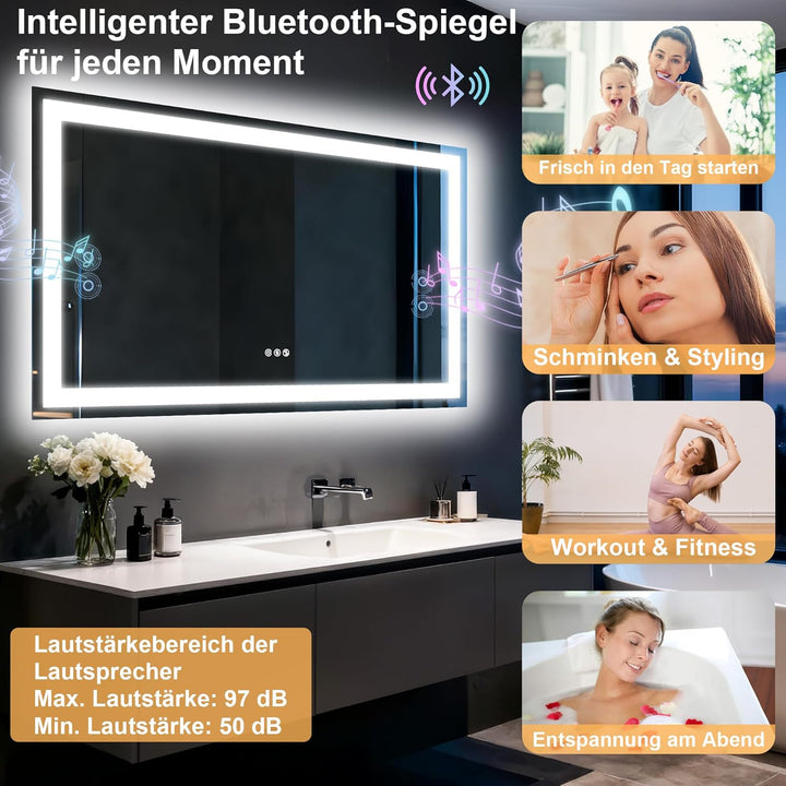 Badspiegel Mit Beleuchtung100x70cm,Spiegel Mit Beleuchtung Bluetooth Dual Lautsprecher,Antibeschlagf