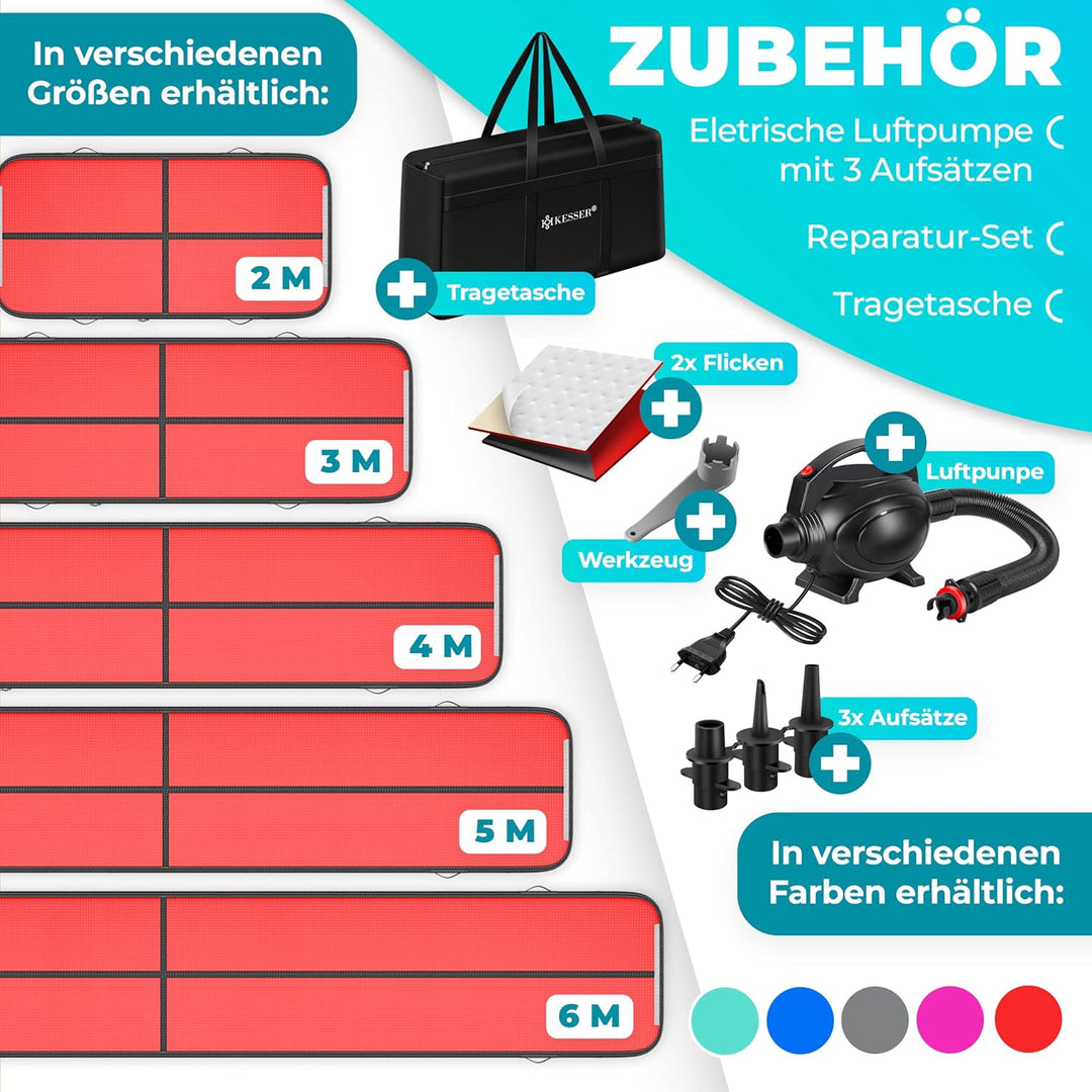 KESSER® Turnmatte Aufblasbar Airtrack Fitness-Matte Gymnastikmatte | inkl. Tragetasche & elektr. Luf